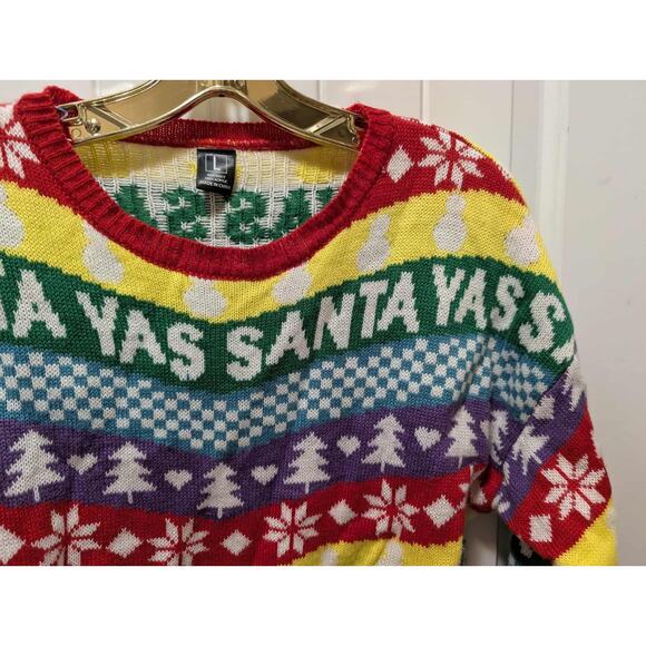 Joyland Christmas Yas Santa Sweater Rainbow Fair Isle Long Holiday Pullover Sz L - Picture 2 of 6